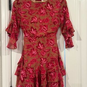 Floral Ruffle Mini Dress in Red and Tan